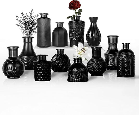 Mini Bud Vases As Wedding Centerpieces for Tables,Clear Bud Vases for Flowers,Small Flower Vases Suitable for Birthday Party,Anniversary,Wedding Reception,Baby Shower (Matt Black, 12PCS)