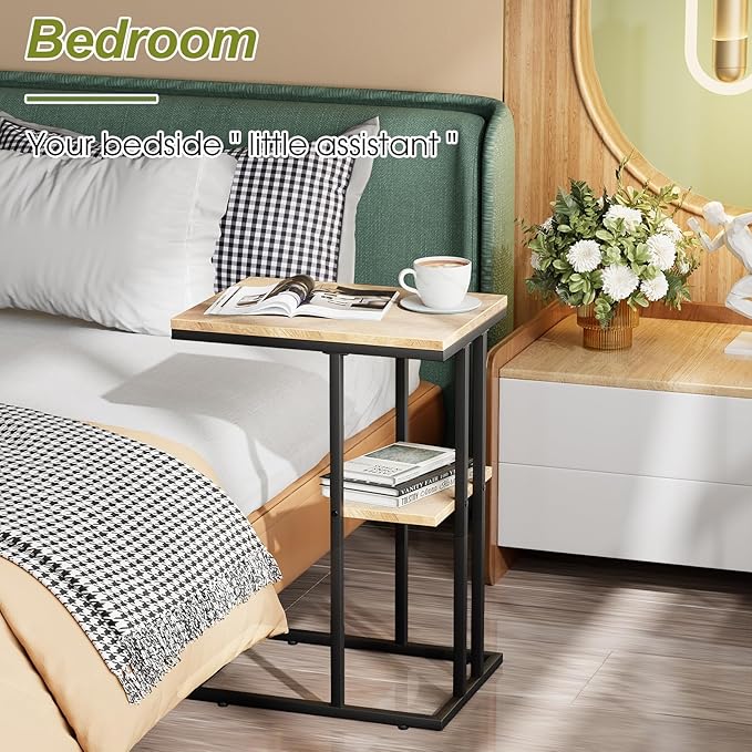 C Shaped End Table, Small Side Table for Couch and Bed, Wood Snack Table with Metal Frame for TV Tray, Sofa, Living Room, Bedroom, Bedside (Oak)