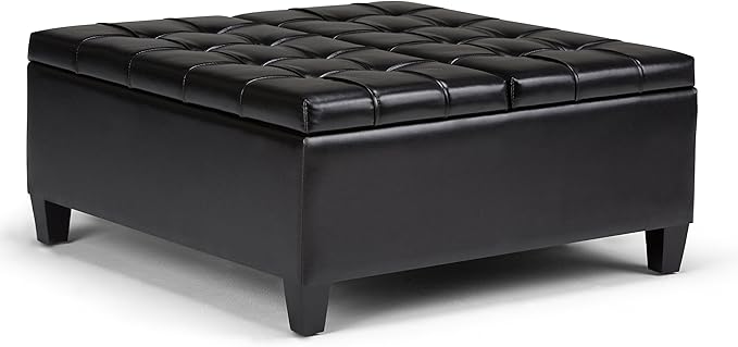 SIMPLIHOME Harrison Coffee Table Storage Ottoman - 36 inch Wide Upholstered Vegan Leather Square Lift-Top Ottoman in Midnight Black, Transitional Ottoman for Living Room with Hidden Storage