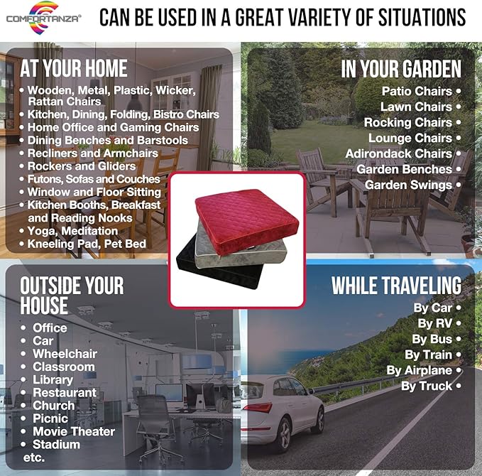 Firm 18x18x3 Memory Foam Seat Cushion for Home, Office, Car - Washable Velvety Cover with Waterproof Layer & Non-Slip Base - Booster Cushion - Sciatica & Back Pain Relief - Brown