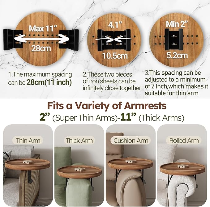 Acacia Wood Couch Arm Tray Table,Anti-Slip Adjustable Round Sofa Arm Tray,Wooden Armrest Caddy Table for Couches,Arm Chair Companion for Drinks Cellphone TV Remote Snacks