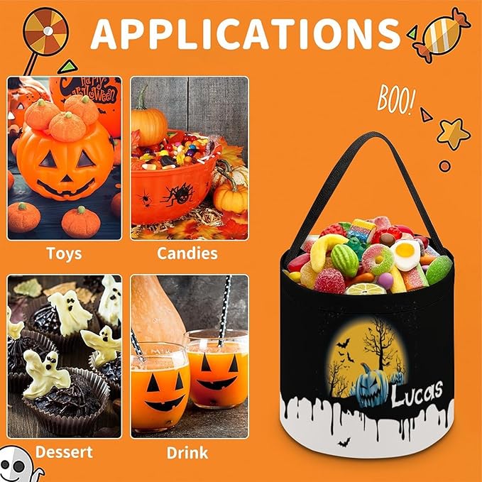 Personalized Halloween Trick or Treat Candy Bag with Name Custom Text Party Tote Bucket Halloween Candy Basket Gift (Bag-7)