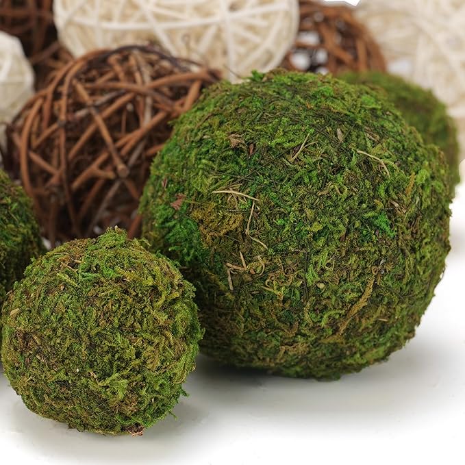 USMOLA 18Pcs Decorative Balls for Centerpiece Bowl - 6Pcs Fake Moss Balls + 12Pcs Rattan Wicker Balls, Artificial Moss Decorative Balls Vase Fillers for Home Garden Wedding Party Decor (Rustic)