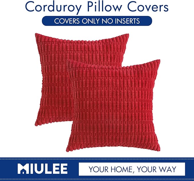 MIULEE Pack of 2 Red Corduroy Decorative Pillow Covers 16x16 Inch Soft Boho Striped Throw Pillow Covers Modern Farmhouse Home Decor for Sofa Living Room Couch Bed