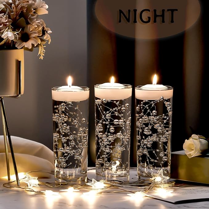 Tondiamo 24 Pcs Artificial Pearl String for Floating Candle Faux Pearls Beads String Garland Centerpiece Decoration for Vases Filler Wedding Spring Holiday Party Decor(Silver)