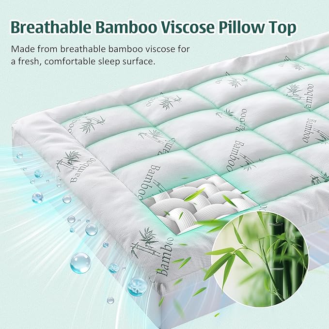 DOWNCOOL Memory Foam Mattress Topper King, Cooling Pillow Top Mattress Pad with Viscose Derived from Bamboo, Back Pain Relief, Deep Pocket Fits 8–21 Inch