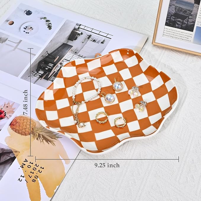 Koythin Jewelry Tray, Ceramic Jewelry Dish Trinket Tray Organizer, Checkered Pattern Aesthetic Decorative for Kitchen, Bathroom, Birthday Gift (Brown Plaid)