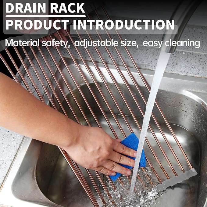 11.8" x 17" Expandable Roll Up Over The Rack Sink Cover Kitchen Dish Drying Rack,SUS304 Stainless Steel Multipurpose Collapsible Organizer Dish Drying Rack for Kitchen Sink Cover,Rose Gold