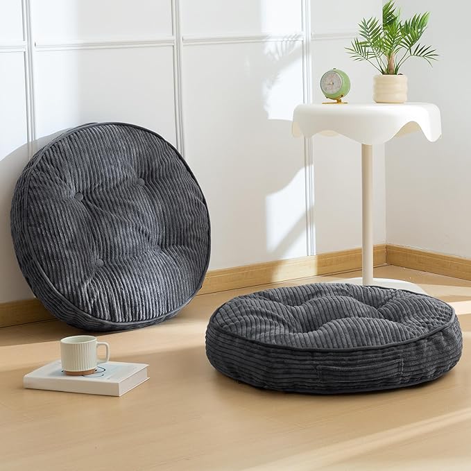 HIGOGOGO Floor Pillow Cushion for Adults, Meditation Cushion Pillow, Large Round Floor Sitting, Tufted Corduroy Cover, for Tatami Living Room or Yoga, 22x22 Inch, 2Pack, Dark Grey