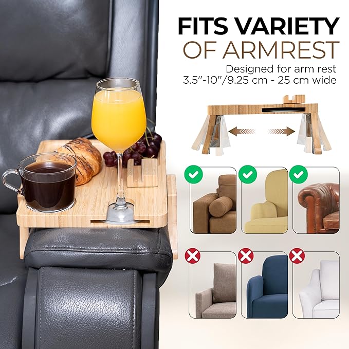 3-in-1 Bamboo Couch Tray with Silicone-Lined Wine Glass Holder, Cup Compartment, and Non-Slip Phone Stand
