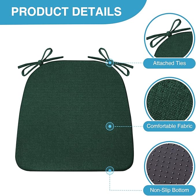 IASEAHK Chair Cushions for Dining Chairs Set of 6, Non Slip Kitchen Chair Pads, 17" x 16" x 2", Indoor Dining Chair Cushions with Ties, D-Shaped Seat Cushions for Kitchen Chairs, Dark Green
