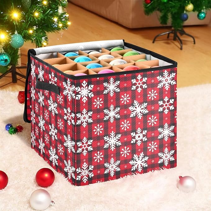 Red Buffalo Plaid Christmas Ornament Storage Basket Box Snowflake Winter Holiday Storage Container Cube with Adjustable Dividers for 64 Holiday Ornaments Decorations Keeps Clean Dry for Next Season
