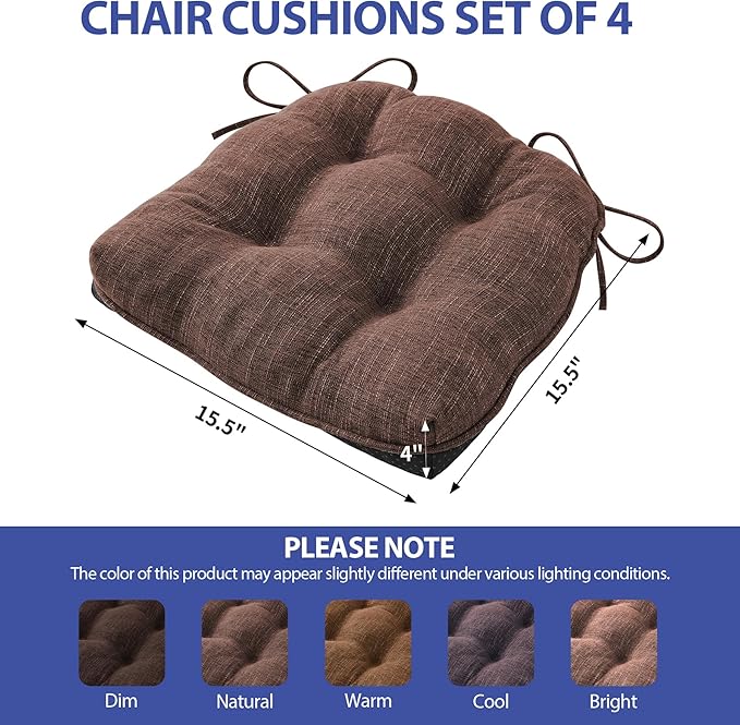 IPYNBAP Chair Cushions for Dining Chairs Set of 4, Kitchen Chair Cushions, Chair Pads with Ties and Non Slip Backing, Tufted Memory Foam Seat Cushion 4 Pack, 15.5" x 15.5" x 4", Brown