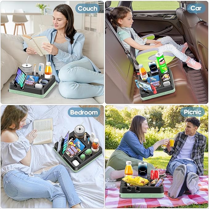Couch Cup Holder Tray Couch Cup Holder Pillow Bed Tray Snack Sofa Bed Caddy Organizer Beach Sofa Drink Holder Anti-Spill Portable Snack Caddy Couch Remote Holder for Phone Pad Kindle Beverage Green