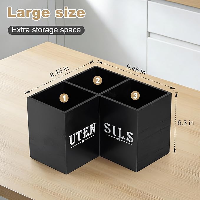 Extra Large Kitchen Utensil Holder for Countertop, Three Compartment Wooden Utensil Holder Farmhouse Decor Perfect for Storing Spatulas and Cooking Tools