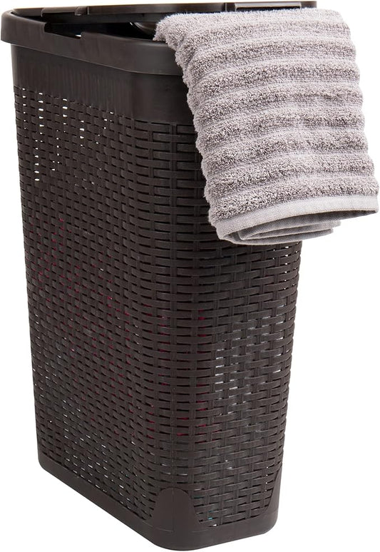 Mind Reader Slim Laundry Hamper with Lid, 40L Clothes Basket, Narrow Tapered Design with Ventilated Cutout Pattern, Plastic, Brown