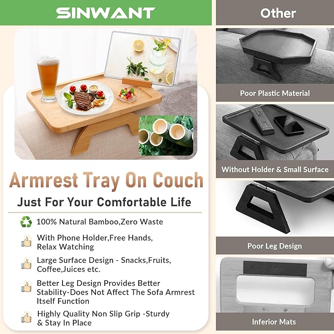 SINWANT Couch Arm Tray,Bamboo Sofa Clip on Side Table,Foldable Couch Armrest Table with 360° Phone Holder,Food Trays for Eating/Drinks/Snacks/Remote 15.35" x 9.8"