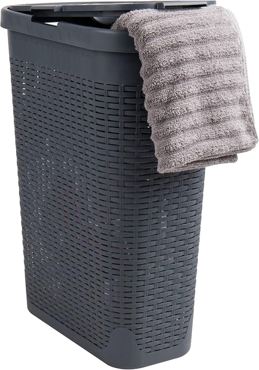 Mind Reader Slim Laundry Hamper with Lid, 40L Clothes Basket, Narrow Tapered Design with Ventilated Cutout Pattern, Plastic, Gray