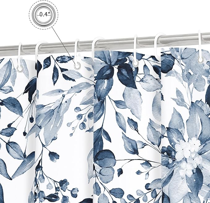 Gibelle Extra Long Shower Curtain 72 x 84, Navy Blue Floral Shower Curtain for Bathroom, Watercolor Plant Eucalyptus Leaves Fabric Shower Curtain Set