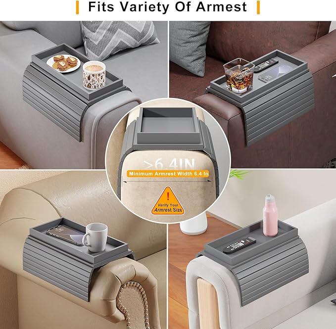 Bestjing Bamboo Sofa Armrest Tray Table for Couch - 2-in-1 Foldable Couch Arm Table with Be Slide Detachable Tray- Anti-Slip Sofa Armchair Caddy for Drinks Cellphone TV Remote Snacks(Gray)
