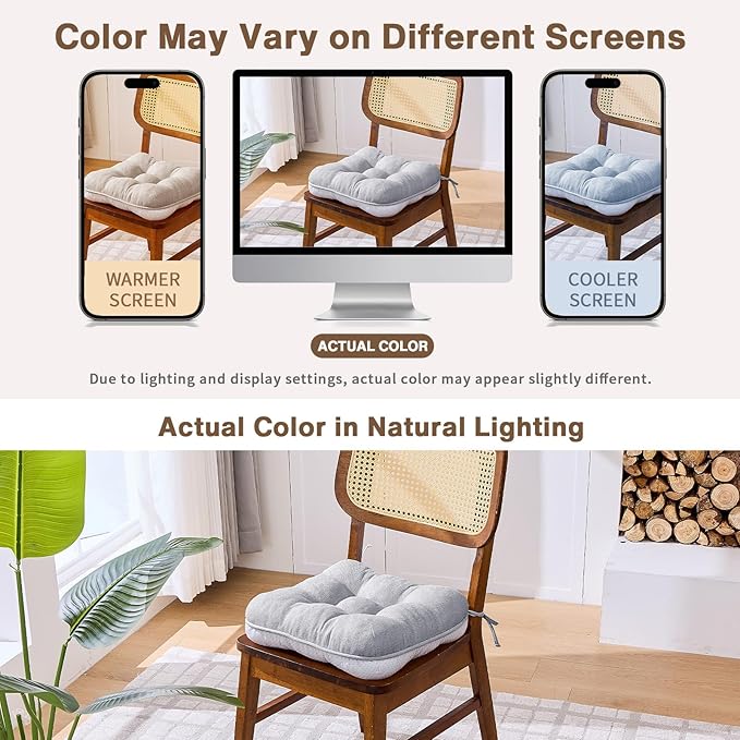 BETU Chair Cushions for Dining Chairs Set of 2,3.5" Thick Kitchen Table Chair Pads with Ties,Non Slip Backing and Covers, Seat Cushion for Dining Room,Bar,Patio Chairs,16"X16"X3.5",Light Grey