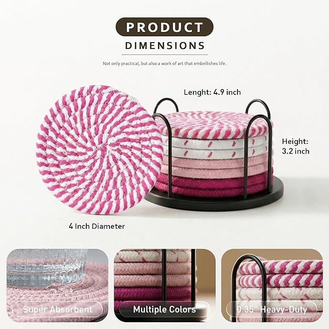 Lazebox Coasters Set of 8 for Drinks, Beer, Coffee, Cotton Woven 4 Colors Absorbent Coaster with Holder, Boho Coasters for Home Decor Tabletop Protection Suitable for Kinds of Cups