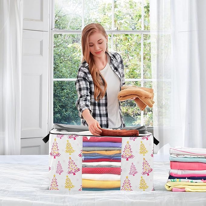 Burbuja Christmas Tree Clothes Storage Bag with Lids and Handle, 2 Pack Foldable Blanket Storage Container with Sturdy Zipper & Clear Window for Bedroom Closet, 60L