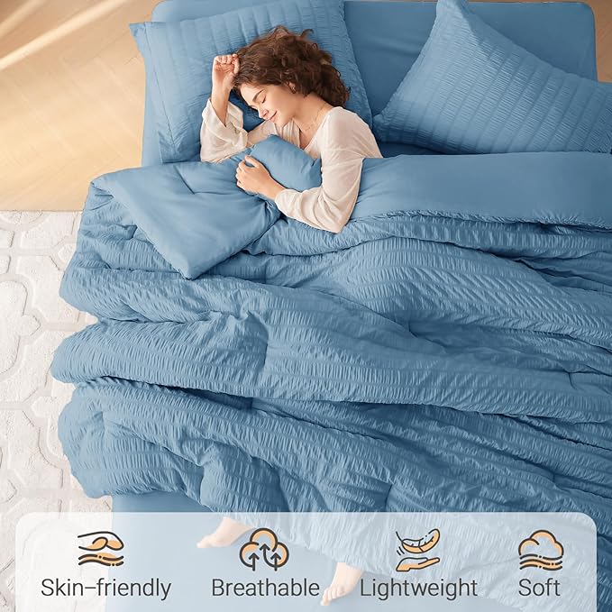 MUXHOMO 5 Pieces Twin XL Comforter Set, Seersucker Bed in a Bag Twin XL Size, All Season Luxury Bedding Set with Comforter, Flat Sheet, Fitted Sheet, Pillowcase & Sham, Mineral Blue