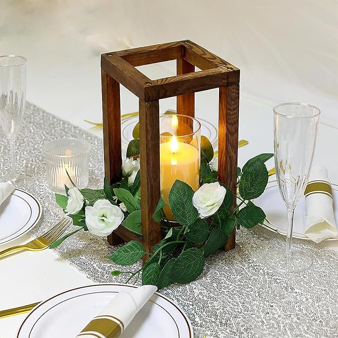 18 Pcs Wooden Lanterns - 6 Wooden Wedding Centerpieces 6 White Roses Candle Wreaths 6 LED Flameless Candles for Rustic Farmhouse Country Wedding Party Table Decor