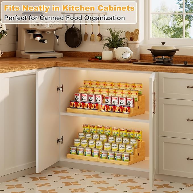 Expandable Bamboo Can Storage Rack, 4 Tier Adjustable Can Organizer for Pantry Holds Up to 32 Cans, Soda Can Dispenser, Canned Food Storage Display Shelf for Cabinet & Countertop (Patent Pending)