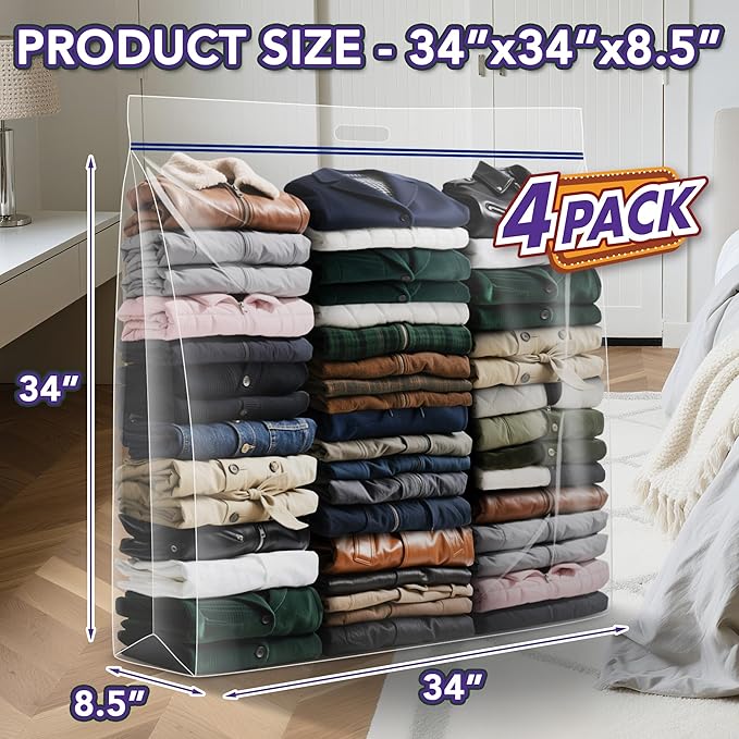 Extra Large Clear Wreath Storage Plastic Bag with Handle For Halloween Summer Christmas Decoration or Clothing Blanket Comforters Bed Sheets Pillows, 4 Pack, 34"x34"x8.5"