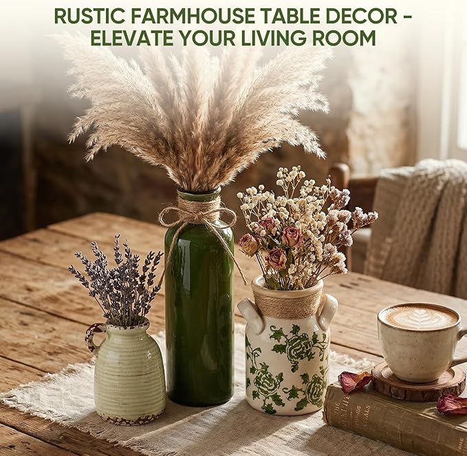 Ceramic Vases Set of 3,Farmhouse Vintage Rustic Boho Decorative Vases with Handles,Green & Beige Modern Neutral Pottery Vases for Table Centerpiece,Living Room,Mantel,Kitchen,Shelf,Entryway&Home Decor