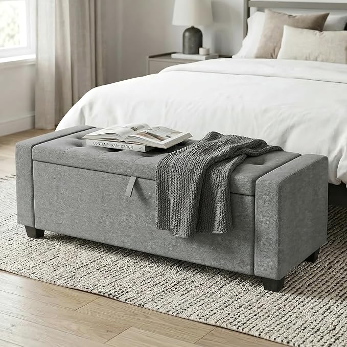 Storage Ottoman Bench, 50" End of Bed Bench with Legs,Storage Chest with Safety Hinge, Modern Entryway Benchs for Living Room, Bedroom, Entryway, Gray
