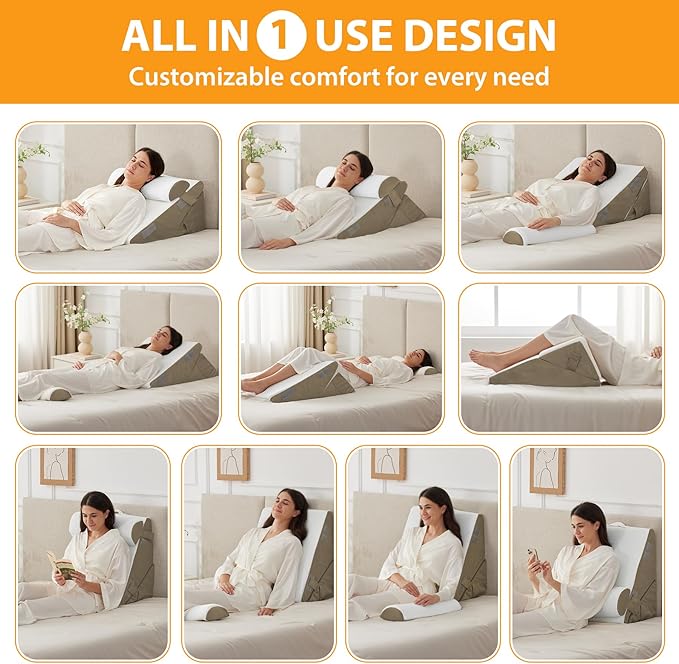 Ruqmuis 3PCS Wedge Pillow Set for After Surgery, Adjustable 9&12 Inch Bed Wedge Pillow for Sleeping, Incline Pillow Wedge for Headboard, Post Surgery, Acid Reflux, Neck&Back Support, Brown