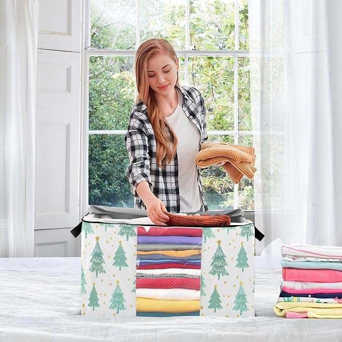 Burbuja Christmas Tree Clothes Storage Bag with Lids and Handle, 2 Pack Foldable Blanket Storage Container with Sturdy Zipper & Clear Window for Bedroom Closet, 60L