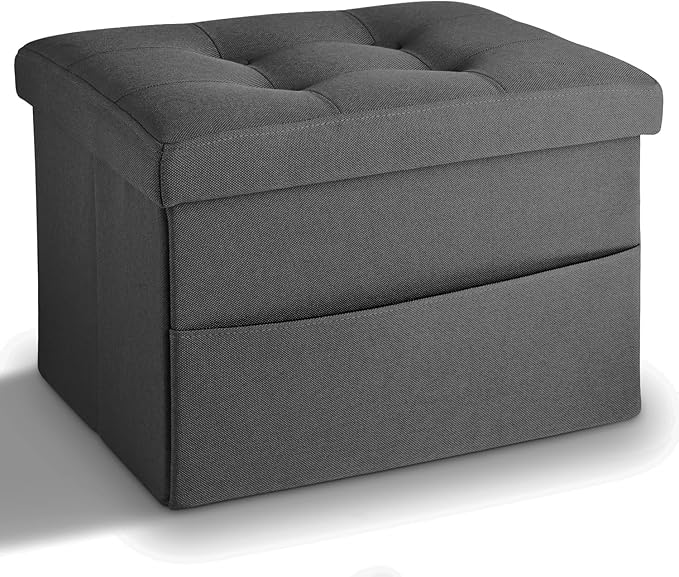LINMAGCO Storage Ottoman Folding Foot Stool Foot Rest with Side Pocket Modern Ottoman with Storage Short Sofa Stool Linen Cloth 17x13x13(Dark Gray)