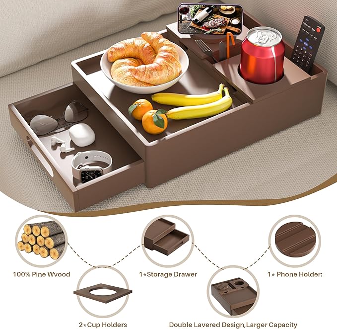 Couch Cup Holder Tray, 7-in-1 Couch Caddy Tray, Sofa Side Table with Push-Pull Drawer to Organize and Store Small Objects, 360°Swivel Phone Holder, for Drinks, Cups, Snacks, Remote（Chestnut）