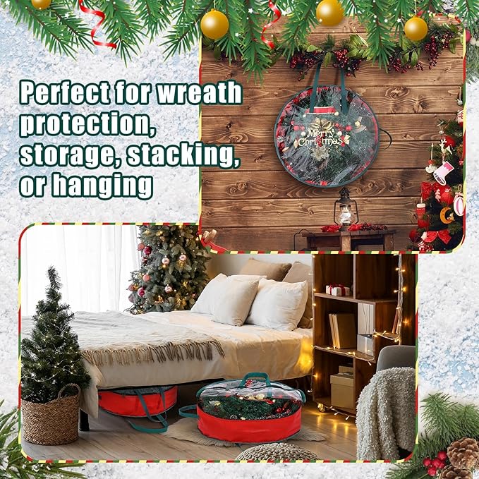 Shappy 8 Pcs Red Wreath Storage Bag Clear Wreath Box Storage Containers with Clear Window and Handle Garland Containers for Holiday Seasonal Bags