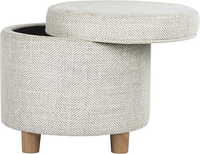Homepop Home Decor | Upholstered Round Storage Ottoman | Ottoman with Storage for Living Room & Bedroom, Cream Chevron Woven
