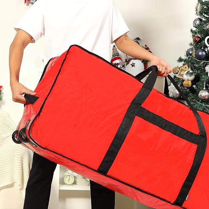 HOMEST Christmas Tree Storage Bag, Fits for 4.5-7 ft Xmas Artificials, Zippered Bag with Reinforced Carrying Handles and Wheels, Red (Bag Only)