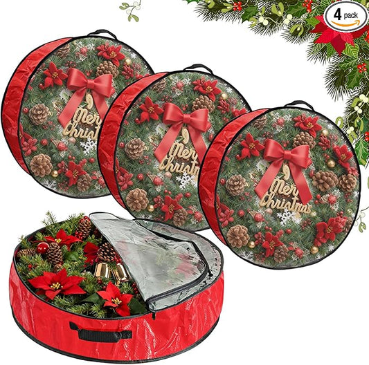 4 Pack 30x8Inch Christmas Wreath Storage Container, Large Clear Holiday Garland Storage Bags with Handle (Red)