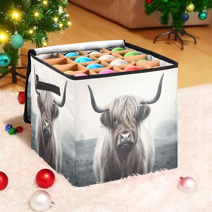 Kigai Highland Cow Christmas Ornament Storage Box with Zipper & Adjustable Dividers Holiday Ornament Organizer Xmas Storage Container, 64 Balls