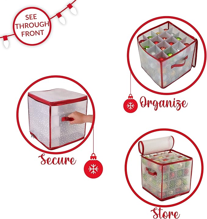 Simplify 64 Count Ornament Storage Box | Plastic | Decorative Organizer | Storage Bin | Red | L12 x W12 x H12