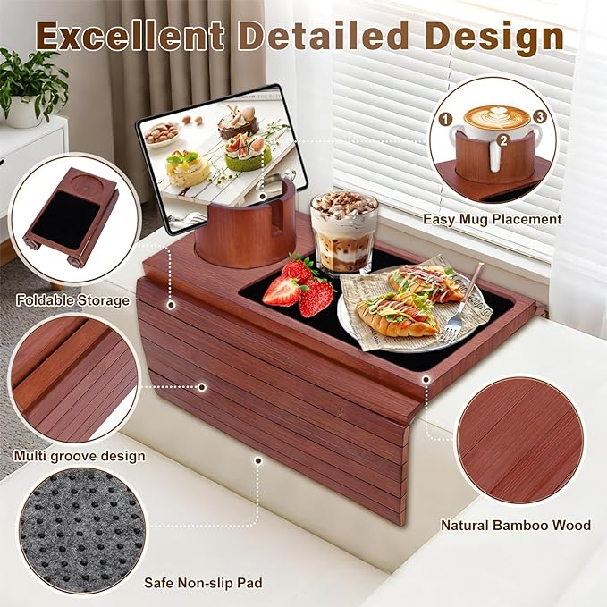 Couch Cup Holder Tray, 3-in-1 Bamboo Couch Armrest Table with 360° Rotating Magnetic and Detachable Phone Holder Stand, Foldable Anti-Slip Sofa Arm Tray for Remote, Phone, Snacks and Drinks