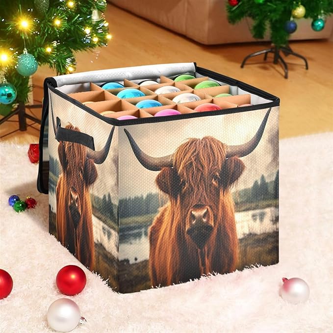 Kigai Highland Cow Christmas Ornament Storage Box with Zipper & Adjustable Dividers Holiday Ornament Organizer Xmas Storage Container, 64 Balls