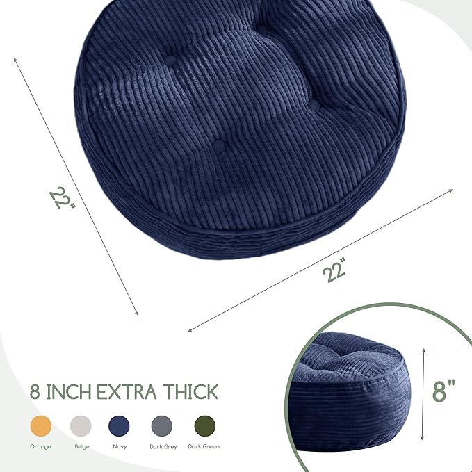HIGOGOGO 8" Extra Thick Floor Pillow Cushion for Adults, Meditation Cushion Pillow, Large Round Floor Sitting, Tufted Corduroy Cover, for Tatami Living Room or Yoga, 22x22 Inch, Navy