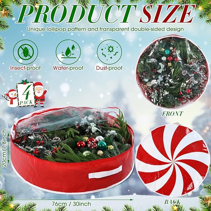4 Pcs 30 Inch Christmas Wreath Storage Bag Candy Cane Wreath Storage Container Clear Window Dual Zipper Handle Red White Peppermint Garland Organizer for Holiday Decoration, Cute Lollipop