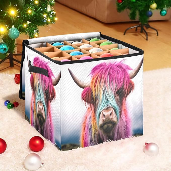 Kigai Highland Cow Christmas Ornament Storage Box with Zipper & Adjustable Dividers Holiday Ornament Organizer Xmas Storage Container, 64 Balls