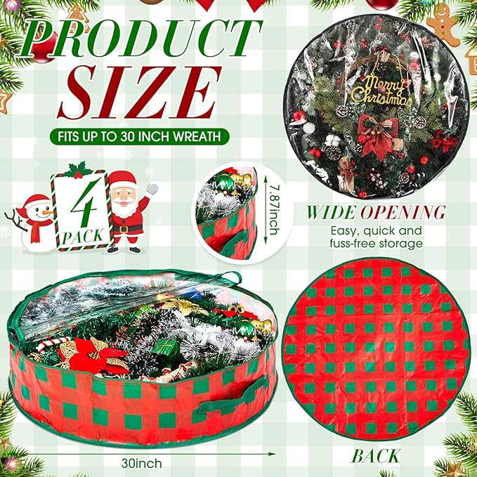 Aliceset 4 Pack Wreath Storage Containers, Ornament Garland Wreath Storage Bags with Handle Zipper Decorative Storages Box for Winter Valentine Wreaths(30 x 30 x 7.8 Inch,Red Green Plaid)