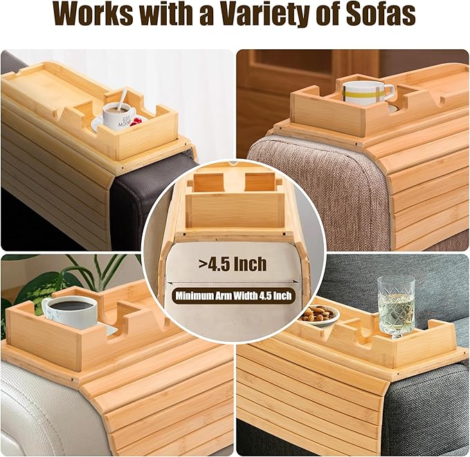 2 Pack Bamboo Couch Cup Holder, Foldable and Anti-Slip Sofa Arm Table with Detachable Sofa Arm Organizer Tray, Portable 2 in 1 Sofa Armrest Tray for Drink, Coffee, Cup, Remote, Snacks, Phone, Glasses